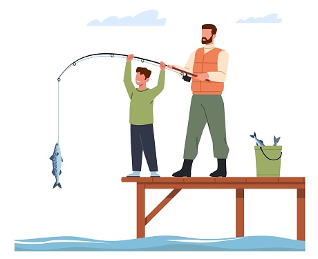 Father teaches his son how to fish with fishing rod. Family summer hobby. Happy parenthood. Fisherman on lake. Man with child leisure on nature cartoon flat style isolated illustration. Vector concept