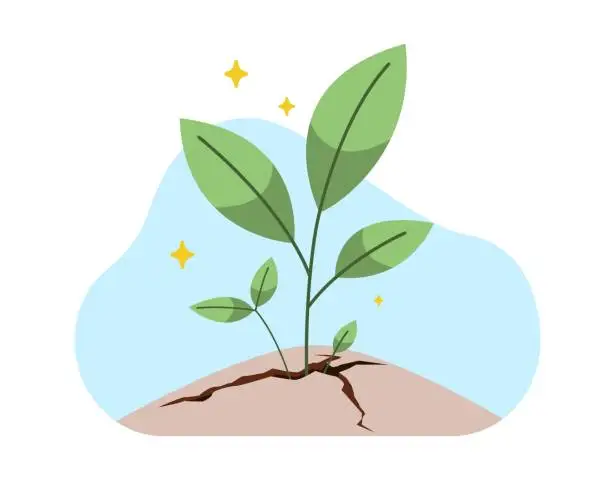 Vector illustration of Green sprouts are breaking through ground to surface. Motivation symbol. Strength and hope sign, agricultural stem, nature and environment. Cartoon flat isolated vector growth concept