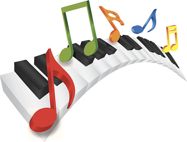 Piano Wavy Keyboard and Music Notes 3D Vector Illustration Piano Keyboard with Black and White Wavy Keys and Colorful Music Notes in 3D Isolated on White Background Vector Illustration electric organ stock illustrations