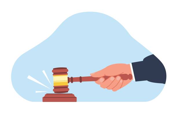 Judges hand holding gavel to pronounce verdict. Human arm with wood hammer, justice system giving sentences for criminal acts. Symbol of law. Cartoon flat style isolated vector concept Judges hand holding gavel to pronounce verdict. Human arm with wood hammer, justice system giving sentences for criminal acts. Symbol of law. Cartoon flat style isolated illustration. Vector concept arm hammer stock illustrations