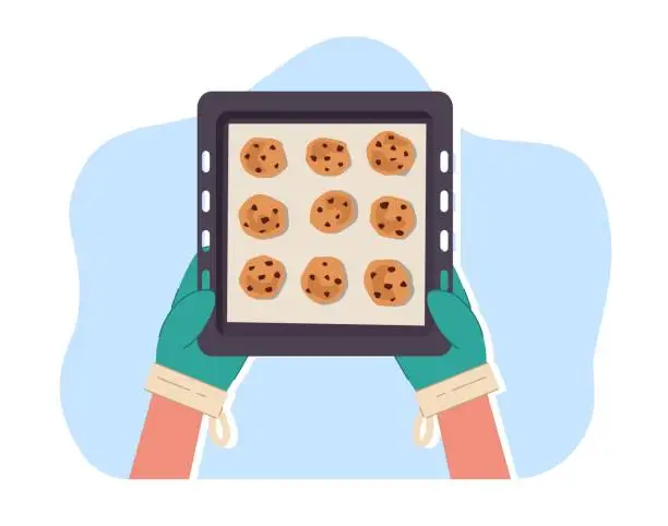 Vector illustration of Mittened hands hold oven tray with finished cookies. Hand made sweet pastry. Cooking at home kitchen. oatmeal cookie with chocolate. Homemade bakery. Cartoon flat isolated vector concept