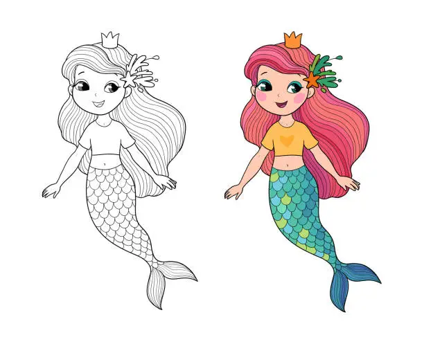 Vector illustration of Cute cartoon mermaids. Siren. Sea theme. vector illustration. Beautiful cartoon girl with a fish tail. Illustration for coloring books. Monochrome and colored versions. Vector