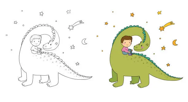 Vector illustration of Cute little boy and funny dinosaur. The kid and the dragon. Illustration for coloring books. Monochrome and colored versions. Vector