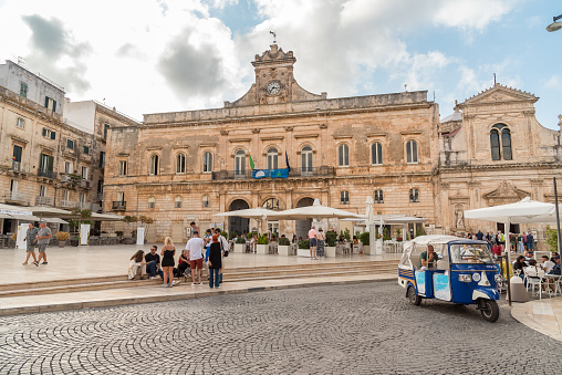 Ostuni, Puglia, Italy - October 5, 2023: The central square with the Town Hall palace in the historic center of Ostuni.