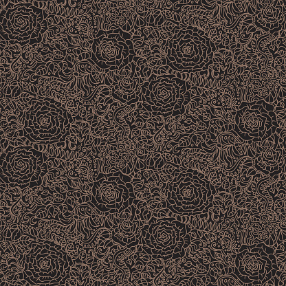 Vector seamless pattern of fantasy leaves and rose flowers. Brown bronze doodle contour line on a black background