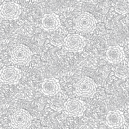 Vector seamless pattern of fantasy leaves and rose flowers. Silver grey doodle contour line on a white background