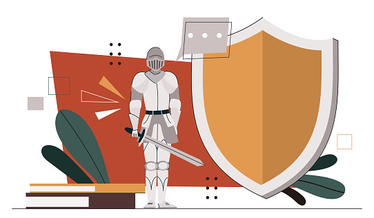 Man in armor concept. Medieval knight in steel armor with sword and shield. Ancient warrior with equipment. Fantasy and imagination. Cartoon flat vector illustration isolated on white background