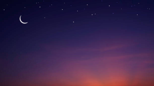 istock Night Sky background with Crescent Moon and stars on dark blue twilight sky with copy Space for editing arabic text, Ramadan kareem, Eid al Adha, Eid al fitr, Mubarak, Islamic New Year 1880041301