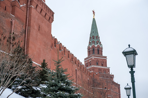 Alexandrovsky Garden, Moscow Kremlin, Russia. In winter.