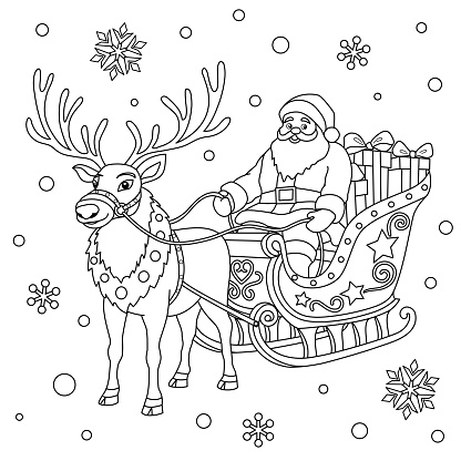 Santa Claus sled and reindeer coloring page or book design. Christmas snowflake background. Vector illustration.