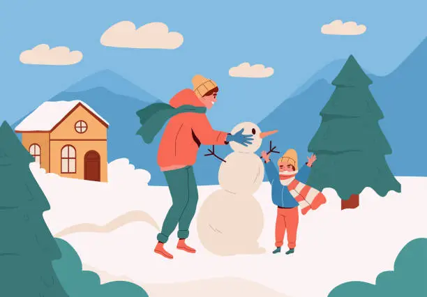 Vector illustration of People make snowman vector concept