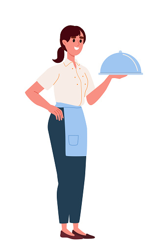 Woman in waiter profession. Young girl in uniform at workplace. Catering, cafe and restaurant occupation. Sticker for social networks. Cartoon flat vector illustration isolated on white background