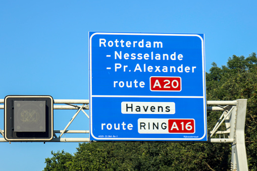 Direction signs on the ring motorway A20 heading Nesselande district in Rotterdam in the Netherlands