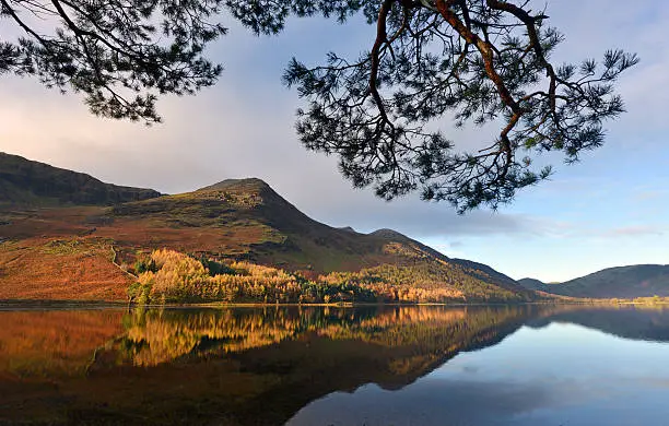 Autumn colours reflected at Buttermere in the English Lake District