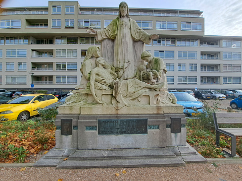 Statues of earth angel michael and mother of mercy in thanks for support during World War II at the Westeinde Hospital The Hague in the Netherlands