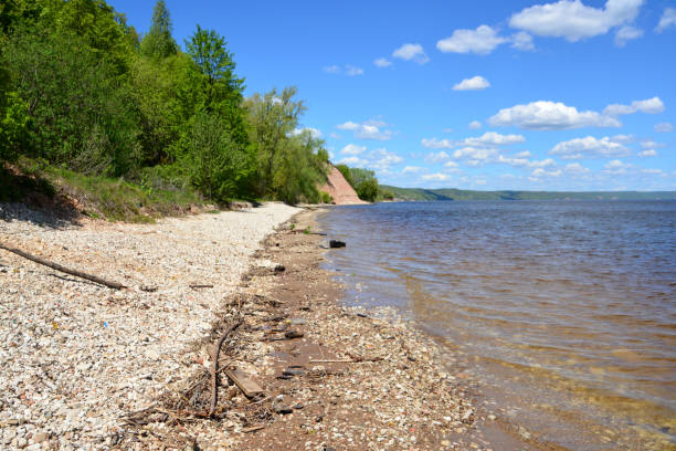 istock river bank with green trees and blue sky and clouds copy space 1880157321