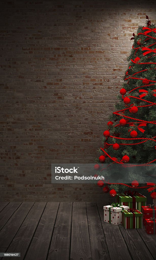 Christmas tree Christmas tree & gifts in the interior Brick Stock Photo