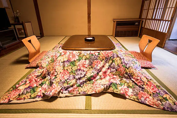Japanese room with two chairs and one heater table (Kotatsu)