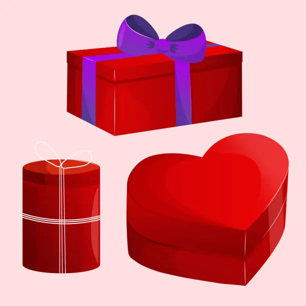 Vector illustration of set of red gift boxes for valentine's day