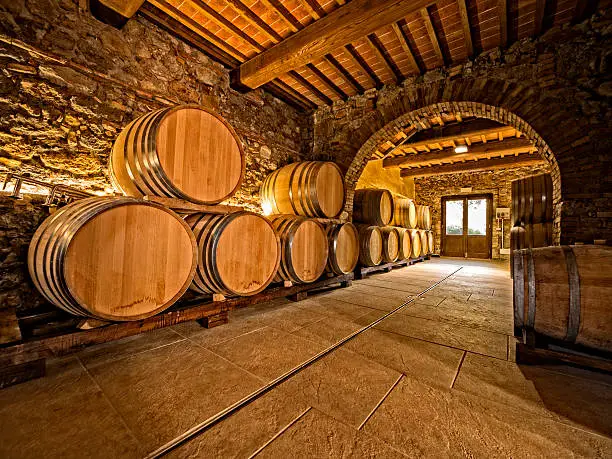 oak wine barrels stacked in a winery cellar