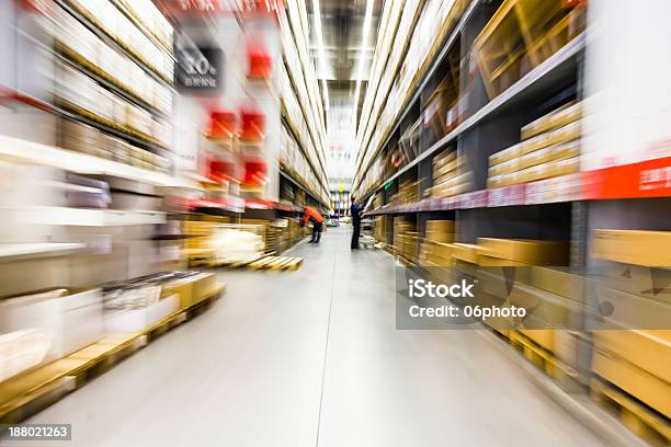 Blurred Shot Of Shelving In A Large Furniture Warehouse Stock Photo - Download Image Now