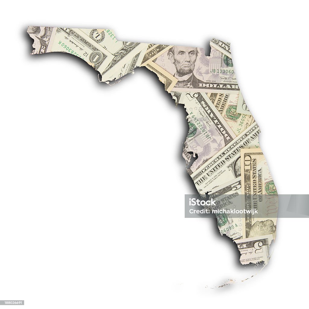 A map of Florida made up of dollar bills Map of Florida, filled with many dollars Cartography Stock Photo