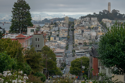 San Francisco, California, USA- August 11, 2023: View of Lombard Street in the crookedest street in the world at a cloudy day
