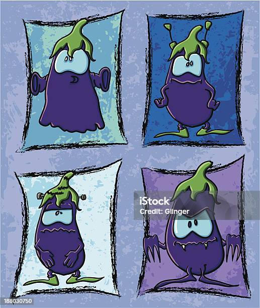 Забавный Мультяшный Eggplants Monstrs На Фоне — стоковая векторная графика и другие изображения на тему Баклажан - Баклажан, Вегетарианское питание, Векторная графика