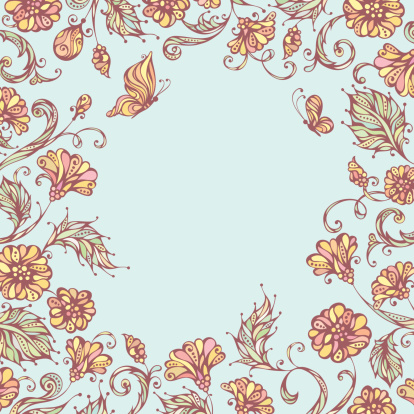Pastel ornate floral pattern with butterflies for your design. There is blank round space for your text in the center. EPS 8.