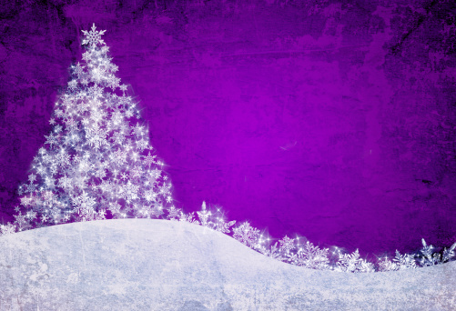 Purple christmas background with snowflakes and pine tree