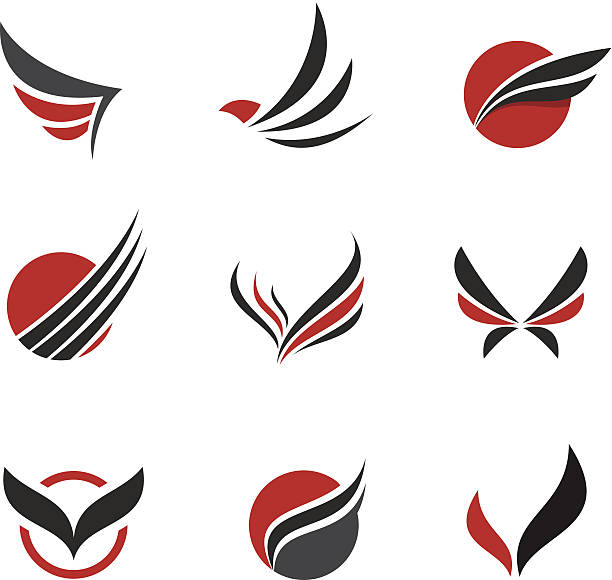 ilustraciones, imágenes clip art, dibujos animados e iconos de stock de negro vector conjunto de símbolos de ala - ala de avión