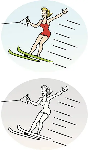 Vector illustration of Vintage Woman On Water Skis