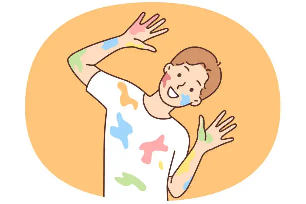 Vector illustration of Happy boy with traces of paint on clothes and face after drawing lesson at school