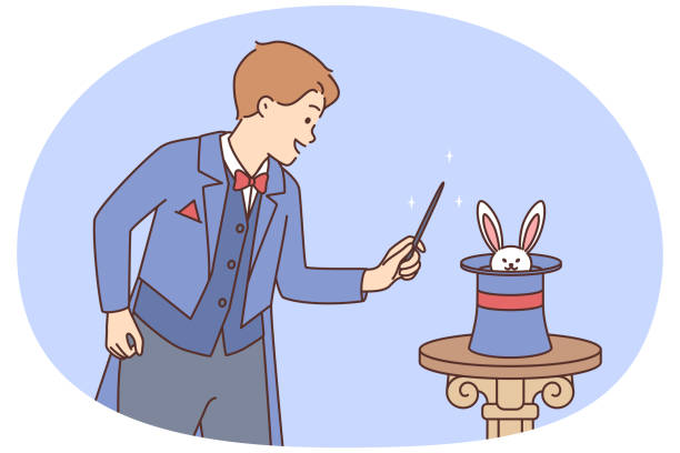 ilustrações de stock, clip art, desenhos animados e ícones de man magician stands near hat in which rabbit is hiding in preparation for stunt - magic circus wand circus theatrical performance stage theater