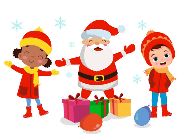 счастливого рождества и счастливых детей новогодняя открытка с милым санта-клаусом, маленьким снеговиком с подарками. - christmas child friendship little boys stock illustrations