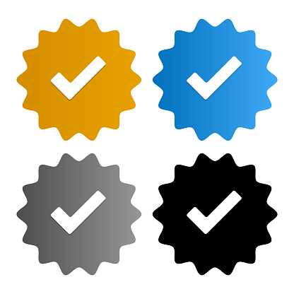 Vector Social Media Blue, Grey, Gold, and Black Verification Checkmarks, Profile Labels.