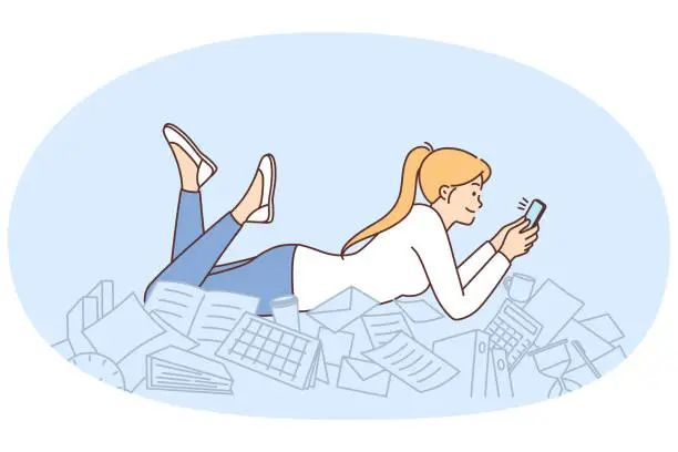 Vector illustration of Procrastination woman with phone lies on documents and stationery oblivious to mess