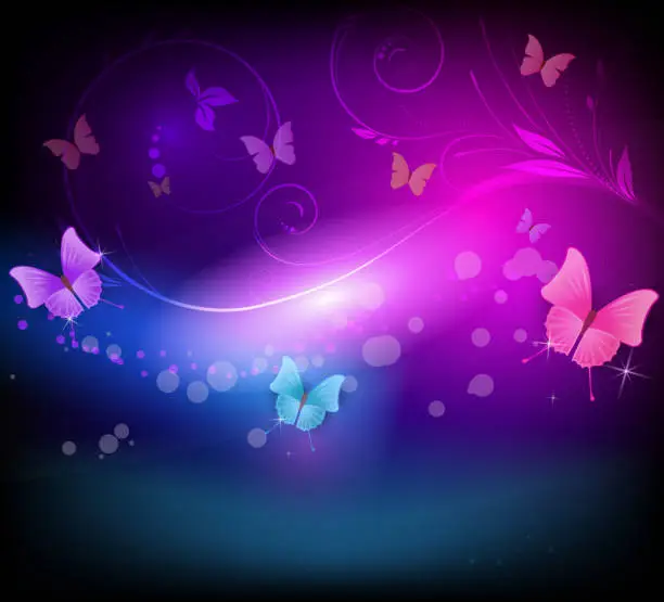 Vector illustration of Abstract background with florals and butterflies in dark colors