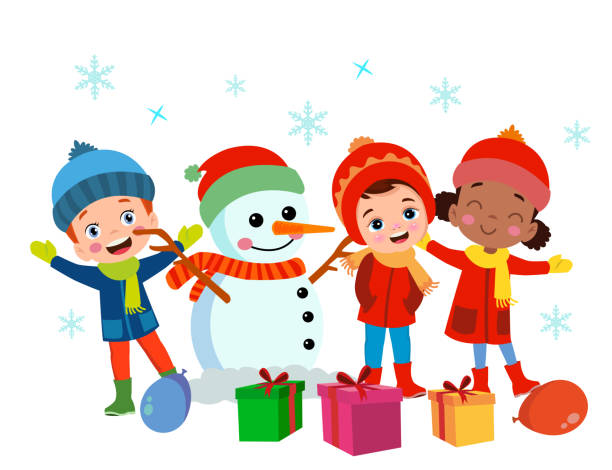 счастливого рождества и счастливых детей н�овогодняя открытка с милым санта-клаусом, маленьким снеговиком с подарками. - christmas child friendship little boys stock illustrations