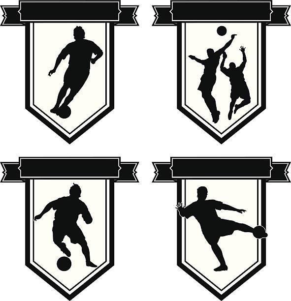 ilustraciones, imágenes clip art, dibujos animados e iconos de stock de conjunto de emblema de fútbol - volley kick