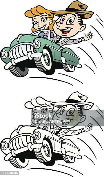 Casal Em Carro Vintage - Arte vetorial de stock e mais imagens de Carro - Carro, Banda desenhada - Produto Artístico, Conduzir