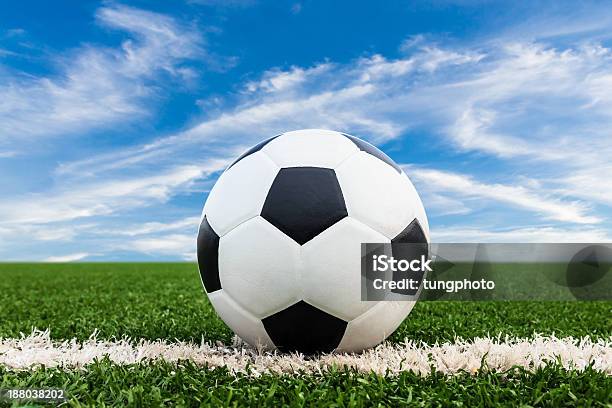 Soccer Ball On Green Grass Field Foto de stock y más banco de imágenes de Aire libre - Aire libre, Campo - Lugar deportivo, Color negro