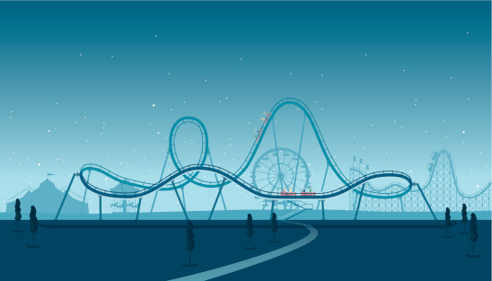 A detailed illustration of a  roller coaster in a theme park at night. This is a fully editable EPS 10 vector illustration with CMYK color space and global swatches for easy color changes.