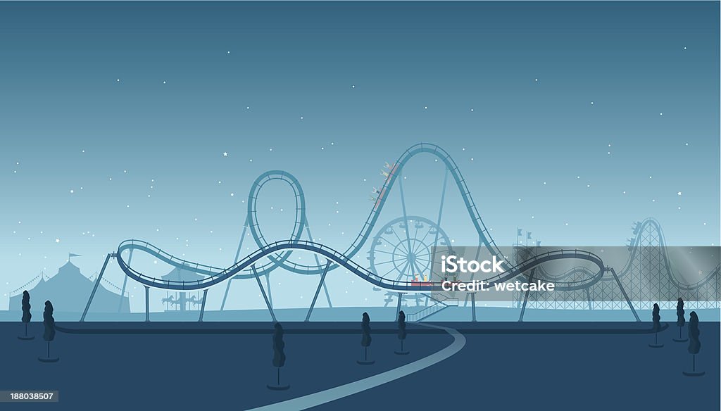 Rollercoaster Silhouette A detailed illustration of a  roller coaster in a theme park at night. This is a fully editable EPS 10 vector illustration with CMYK color space and global swatches for easy color changes. Rollercoaster stock vector