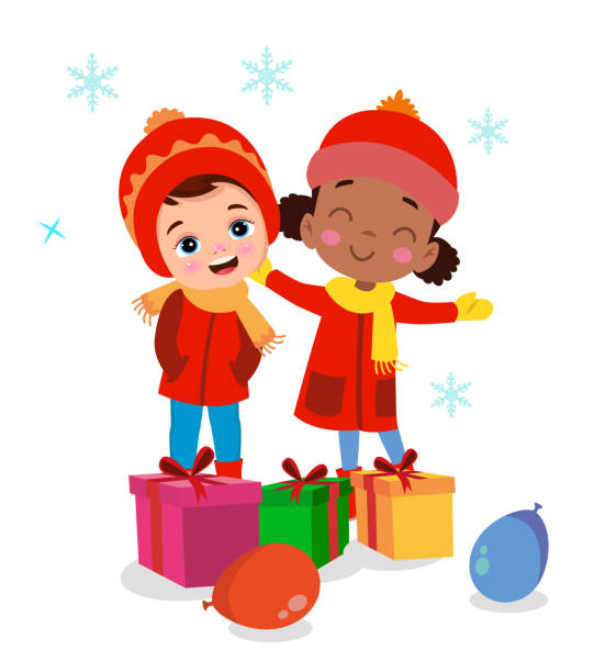 счастливого рождества и счастливых детей новогодняя открытка с милым санта-клаусом, маленьким снеговиком с подарками. - christmas child friendship little boys stock illustrations