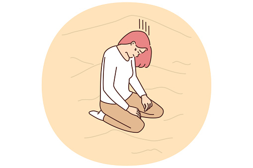 Lost woman kneels with head bowed on sand dunes in wilderness, suffering from thirst and exhaustion. Girl tourist lost hope after gone astray or forgot way home. Flat vector illustration