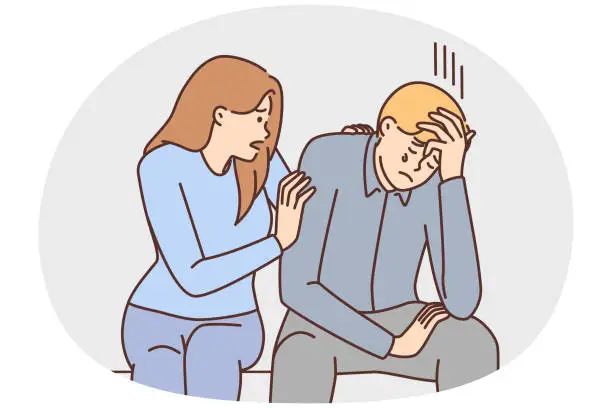 Vector illustration of Caring girl comforts crying boyfriend who is upset about failure in career