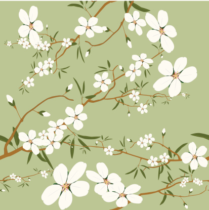 seamless almond tree wallpaper with blossoms, flowers and branches