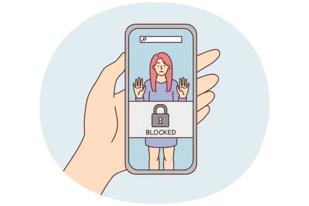 Vector illustration of Phone in hand with photo of woman and inscription blocked due to unacceptable behavior