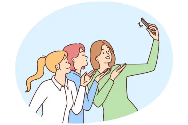 Vector illustration of Smiling women take selfie on cellphone